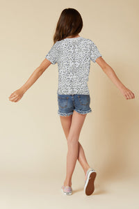 Girls Pastel Blue Leopard Print Tied Short Sleeve Tee