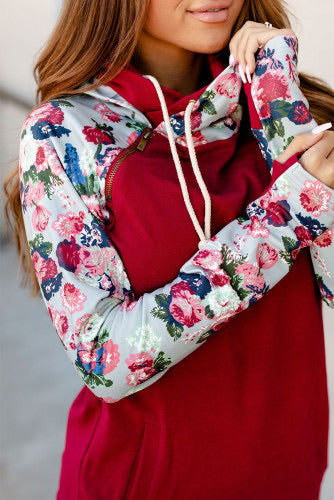 Red Floral Sleeve Asymmetrical Zip Double Hooded Pullover