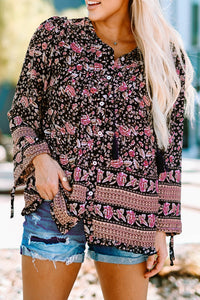 Black Vintage Boho Button Up Blouse