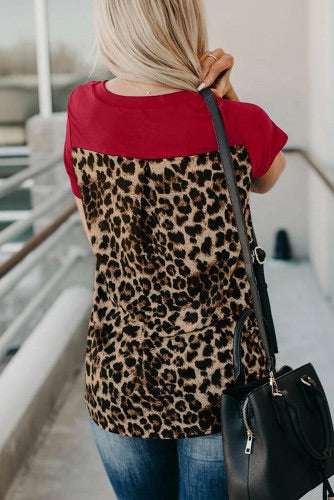 Red Leopard Print V-Neck Color-block Knit Tee