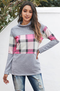 Pink/Gray Plaid Splicing Cowl Neck Long Sleeve Top