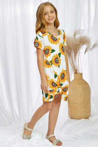 Girls Sunflower Twist Knot V-Neck Mini Sundress
