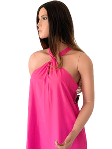 Fuchsia Pink Halter Tie Back Silky Dress