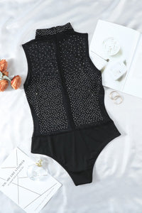 Black Sheer Rhinestone Studded Sleeveless Bodysuit