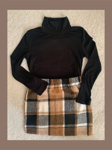 Brown Plaid Skirt & Black Ribbed Shirt Set