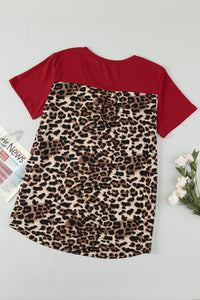 Red Leopard Print V-Neck Color-block Knit Tee