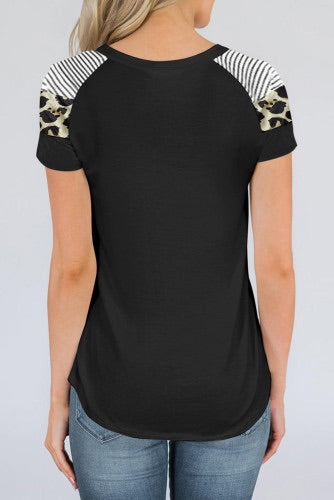 Leopard Print and Stripe Knit Tee with Side Button Accents