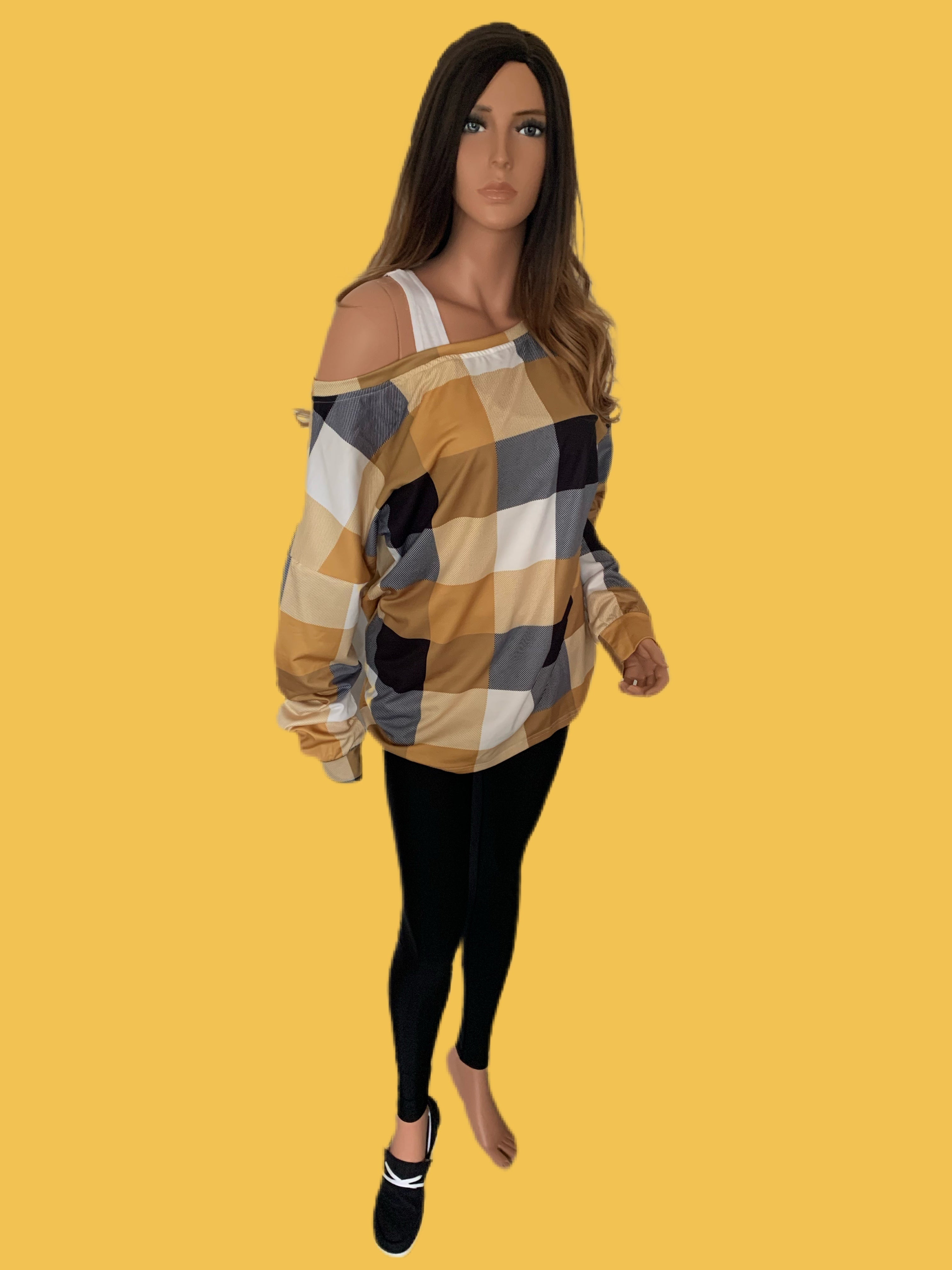 Harvest Gold Plaid Round Neck Long Sleeve Shirt
