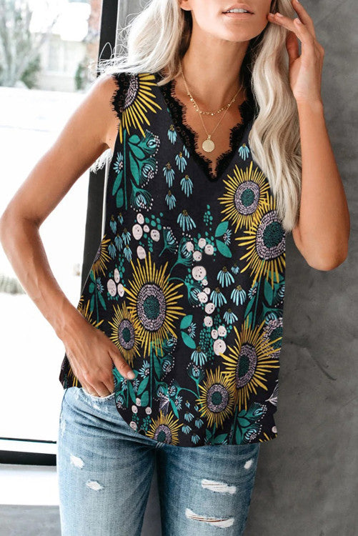Black Teal Floral Silky Tank
