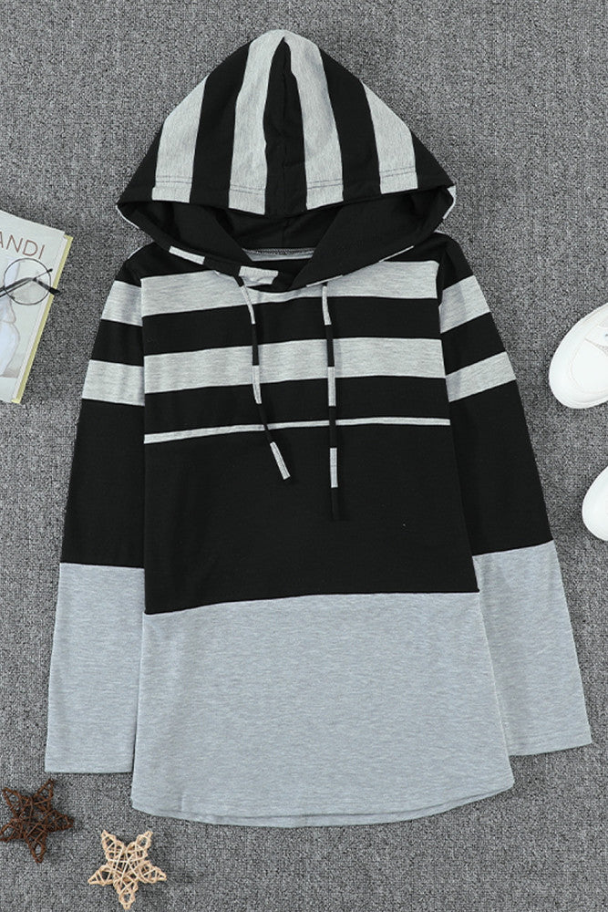 Gray and Black Striped Colorblock Lightweight Hoodie