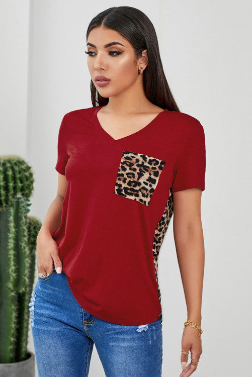 Red Leopard Print V-Neck Color-block Knit Tee