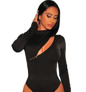 •Asymmetrical  zipper, and a stylish sheer mesh bodice.  •Mock neck, long sleeves, sheer mesh bodice and thong bottom.  •Snap button gusset at crotch finished.  •Stretch polyester.  True to size guide. 
