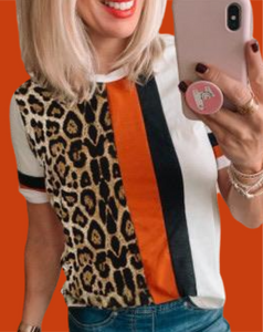 Leopard Print Orange Colorblock Tee