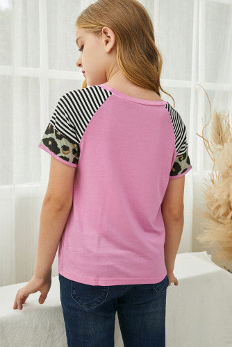 Girls Pink Striped Leopard Print Sleeve Tee