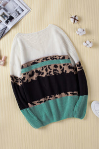 Teal Leopard Print Colorblock Sweater