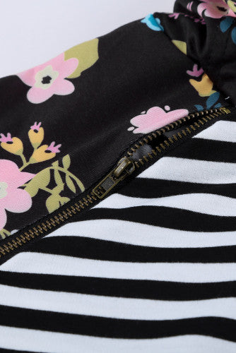 Black and White Striped Floral Print Double Hoodie