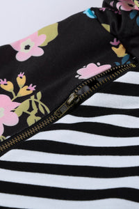Black and White Striped Floral Print Double Hoodie