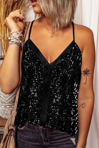 Black Sequin Racerback Knit Tank