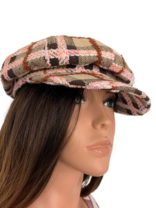 Pink, brown and tan plaid tweed hat. Adjustable with inner brim strings. High quality hat. Beautiful colors and so trendy for fall/winter. One size. 