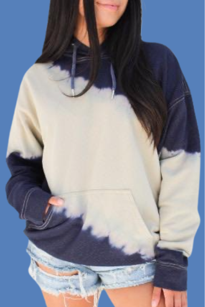 Navy and cream tie dye look hooded sweatshirt with kangaroo front pocket. Perfect for cool nights and fall and winter seasons. Outer has a smooth silky poly knit feel. Runs according to size guide. This is roomy for sizes. 