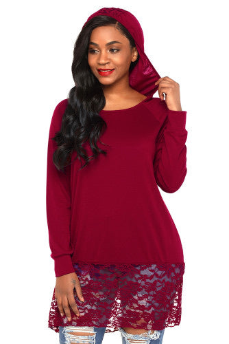 Cute Lace Trim Oversize Hoodie. Embroidered floral lace at the curved hem and hoodie makes this one of the prettiest pullovers we've seen. In tissue-weight jersey knit, with raglan sleeves in versatile color, it will be a best-loved this season.   Features  •Hooded shirt in casual oversize fit  •Delicate floral lace detailing the hood and hemline  •Made of soft quality jersey fabric, comfortable to wear  True to fit/roomy 