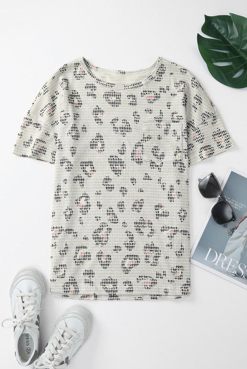 Beige Waffle Knit Pink Navy Leopard Print Tee