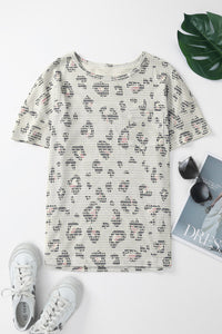 Beige Waffle Knit Pink Navy Leopard Print Tee