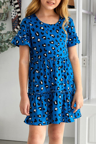 Girls Royal Blue Ruffled Leopard Print Dress