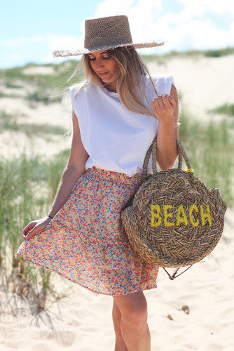 Yellow Red Blue Mini Floral Print Elastic Waist Tiered Skirt