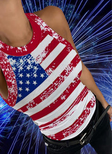 American Flag Silky Printed Fitted Tank Top. Lightweight silky top has some stretch and is more fitted. 