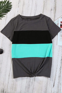 Gray Green Black Colorblock Tie Hem T-shirt