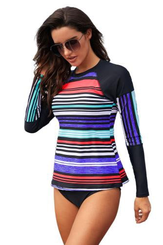 Colorful Striped Black Rash Guard Sport Top