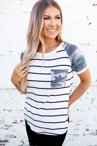 White Black Striped Camo Pocket Tee