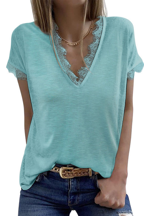 Mint Green Lace Trim V-Neck Cap Sleeve Tee