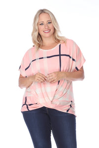 Pink Plaid Tie Front Curvy Size Top
