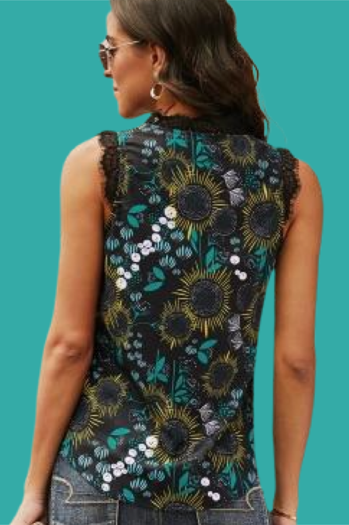 Black Teal Floral Silky Tank
