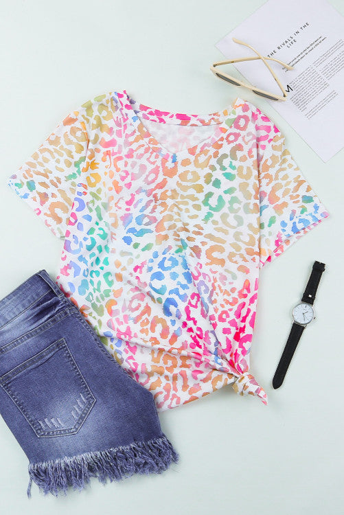 Multi-colored Leopard Print V-neck Knit Tee