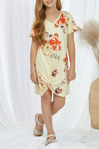 Girls Pastel Yellow Orange Floral V-neck Twist Knot Knit Sundress