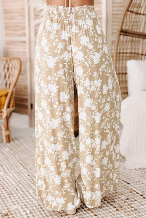 Bohemian floral style stretchy high waisted wide leg chic pants. Cool breezy casual pants to wear on hot sunny days. 