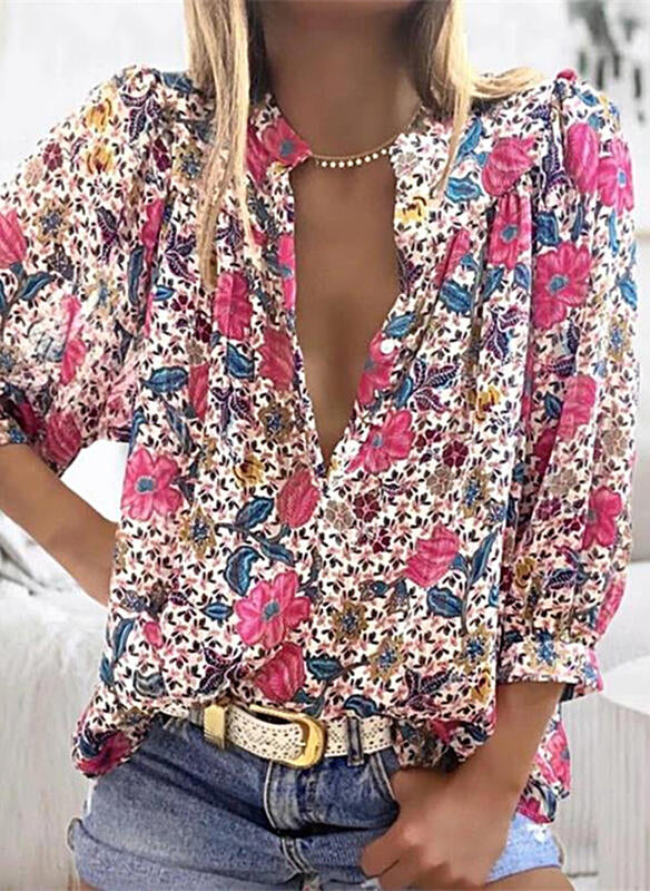 Pink Floral Print 3/4 Sleeve Button Down Blouse