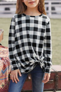 Girls Black and White Plaid Knotted Long-sleeve Top