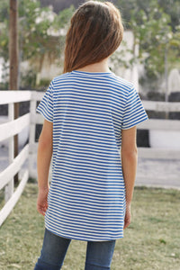 Girls Blue Striped Short Sleeve Front Twist Top