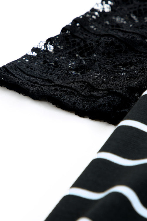 Black Tiered Lace Sleeve Striped Tee
