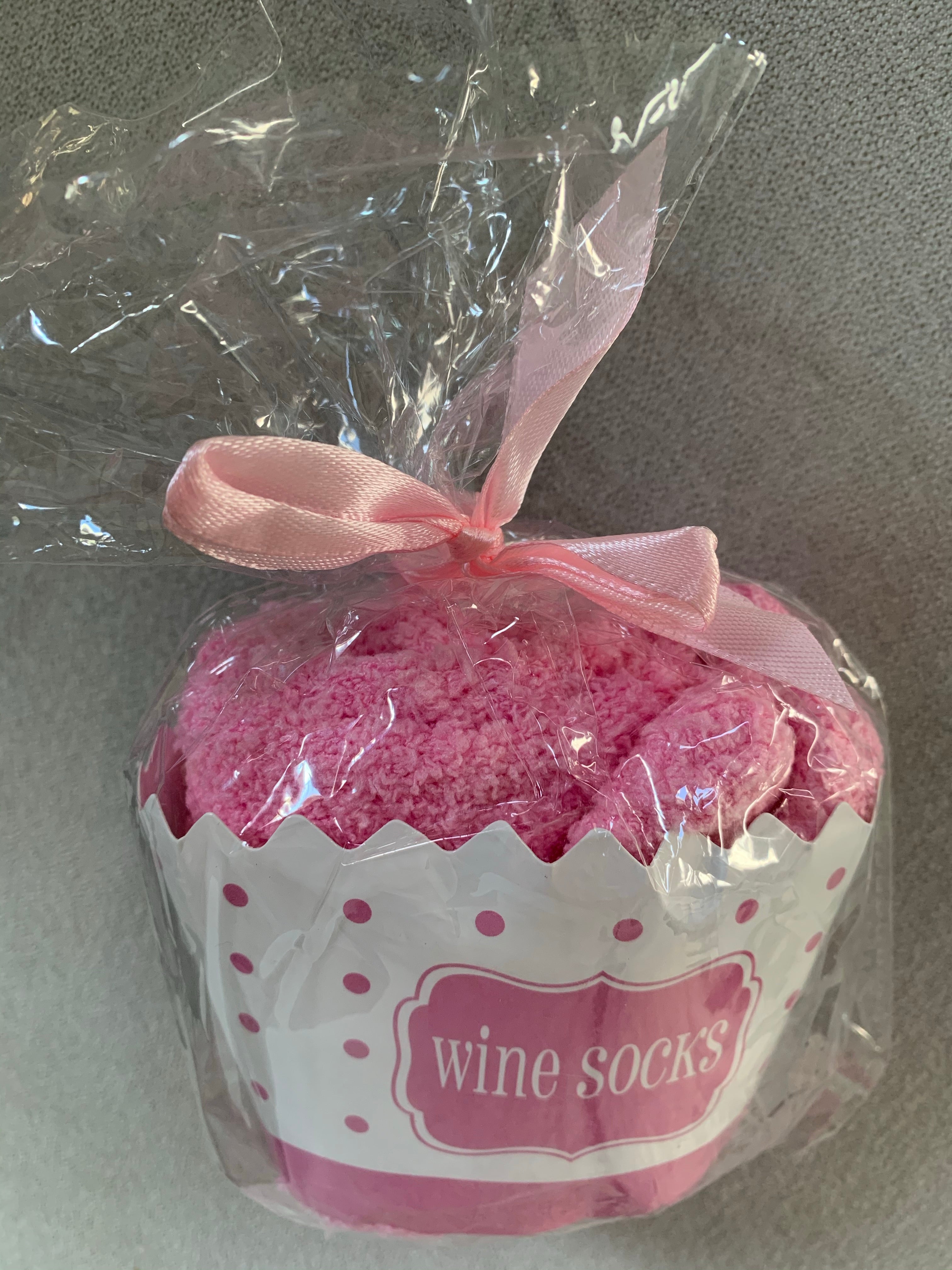 Pink Bring Me Wine Cotton Socks  Pink poly cotton socks, to give as a gift or keep for yourself!  Comes in a cute cupcake looking package. 