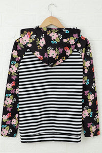 Black and White Striped Floral Print Double Hoodie