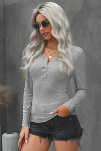 Gray Scoop Neck Buttoned Front Long Sleeve Knit Top