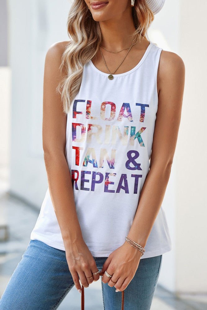 Float Drink Tan Repeat Printed White Tank Top