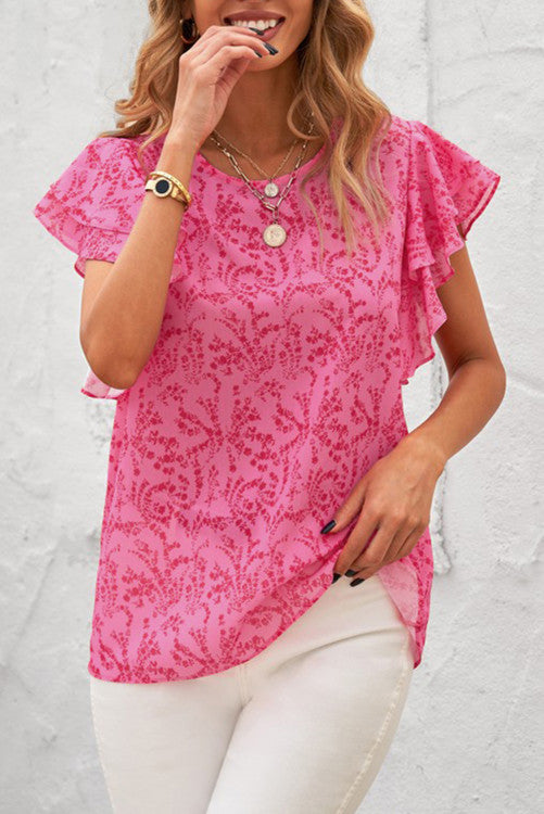 Pink Floral Ruffled Cap Sleeve Blouse