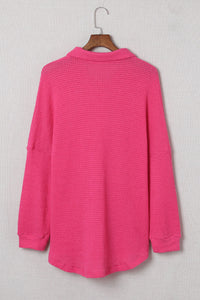 Bright Pink Waffle Knit Oversized Button Up Shirt