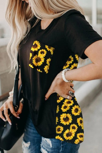 •Base t-shirt splicing with sunflower print on the back  •Sunflower print pocket front  •V neck, short sleeves and loose fit shape  •Very comfortable and breathable fabric  •Fits all body shapes and easy to style  Notes: This is a lightweight knit blend fabric that is so super soft and comfy. The colors are so rich and beautiful. It has a moderate stretch and is relaxed fitting around waist area. It is lightweight but not sheer. If want more fitted look could go down a size 